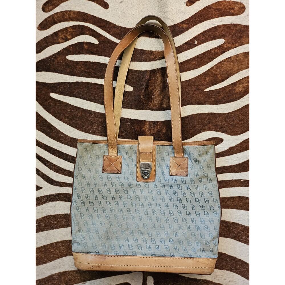 Vintage Y2k Dooney & Bourke Blue DB Monogram Canvas Tote Leather Trim Distressed